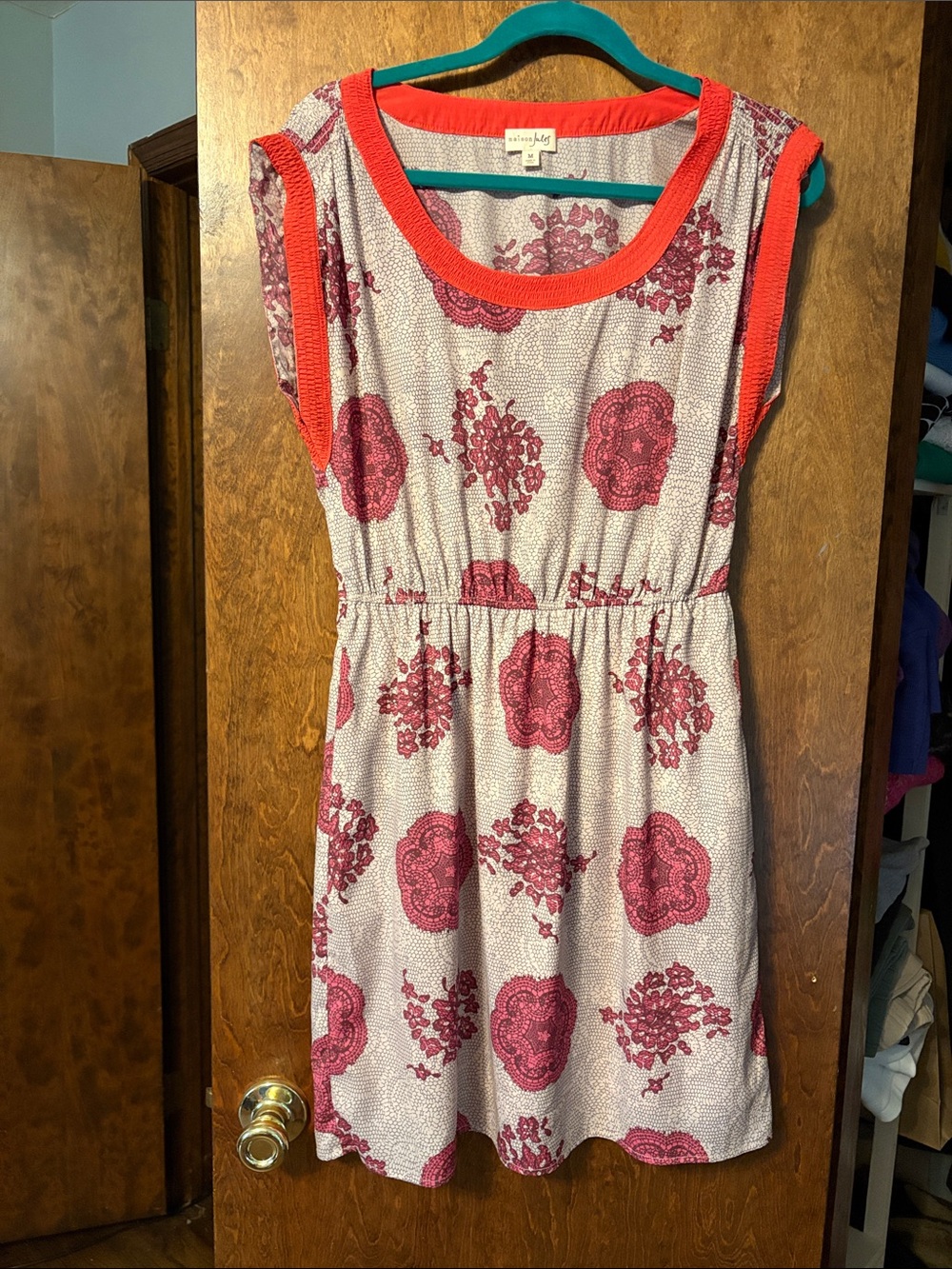 Maison Jules Pink Floral Casual Dress with Coral Trim